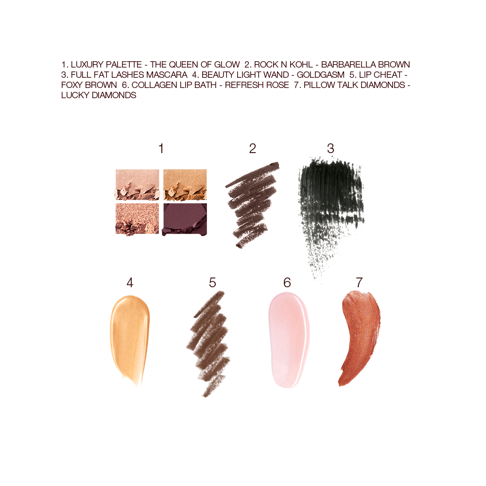 Swatches of a quad eyeshadow palette in shades of brown, pink, and gold, brown eyeliner, black mascara, liquid highlighter in honey-gold, lip liner in taupe-brown, lipstick lip balm in sheer pink, and lip gloss in terracotta.  
