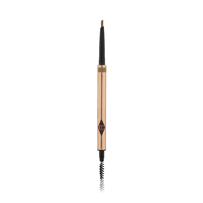 A double-ended eyebrow pencil and spoolie brush duo in a light blonde shade with gold-coloured packaging.