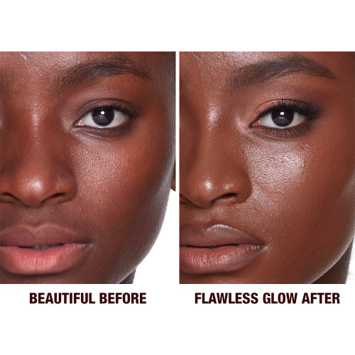 Before and after close-up of a deep-tone model with brown eyes wearing a luminous, glowy primer that blurs her pores and fine lines with black eyeliner and sheer lip gloss. 