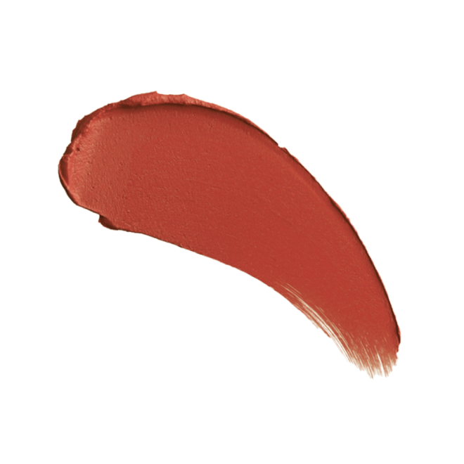 Swatch of a muted, matte brick red lipstick. 