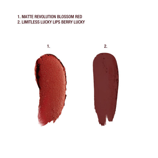 A texture swatch showing the matte texture and colour of two lipsticks side by side.