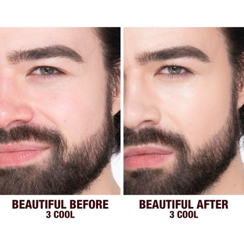 Before and after shots of a fair-tone male model without any makeup and then wearing glowy, flawless skin, wearing skin-like foundation that adds a youthful glow and looks natural along with nude pink lipstick and subtle everyday eye makeup.