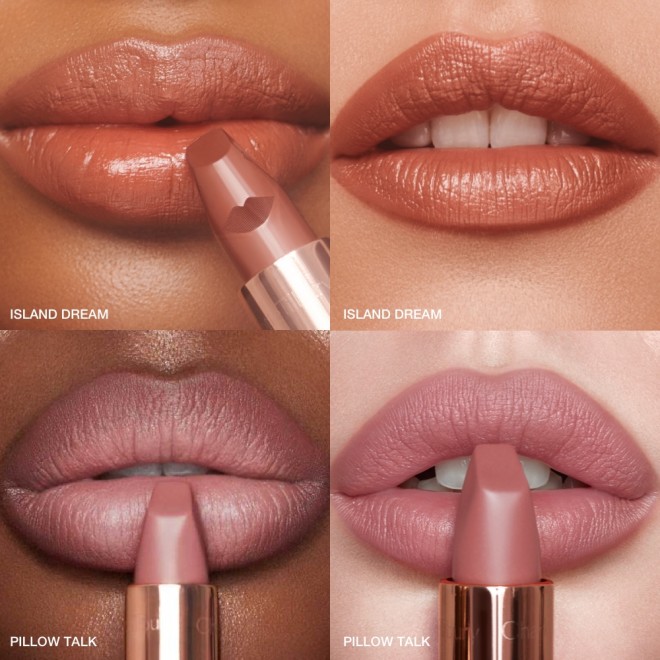 Lips close-up of four models wearing lipsticks in nude pink and coral terracotta.