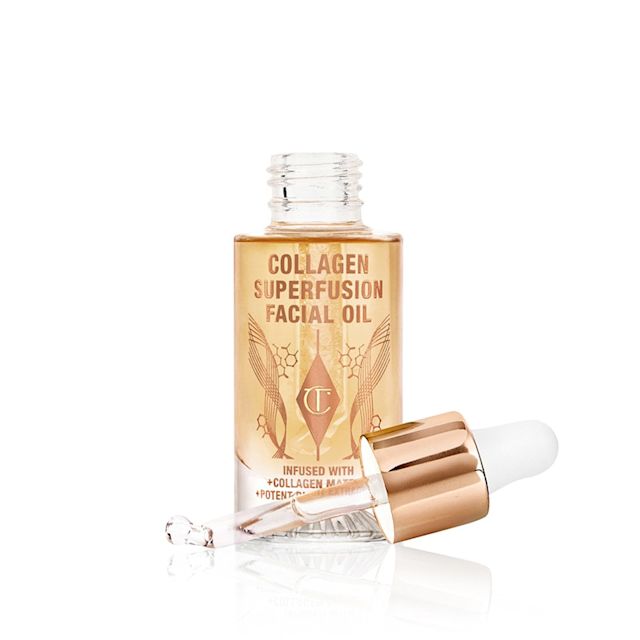 Light-gold-coloured facial oil in an open glass bottle with a gold and white-coloured dropper lid.