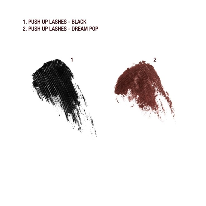 Swatches of two mascaras in shades of black and chocolate brown.