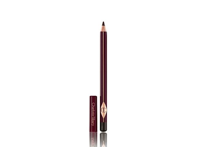 An open eyeliner pencil in a soft dark brown colour with its cap next to it. 