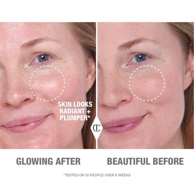 Collagen Superfusion Facial Oil on fair-tone model before and after Before and after of a fair-tone model with bare skin in the before shot and facial oil applied in the after shot, making the skin look radiant and plumper.