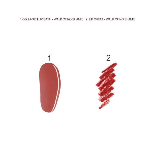 Swatches of a lip liner pencil and a lip gloss in a berry-pink shade.