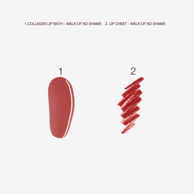 Walk of No Shame Lip Kit swatches Swatches of a lip liner pencil and a lip gloss in a berry-pink shade.