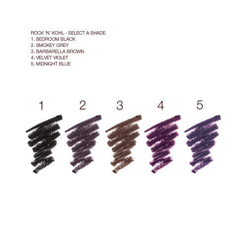 Swatches of five kohl liner pencils in shades of black, grey, light and dark purple, and dark brown.
