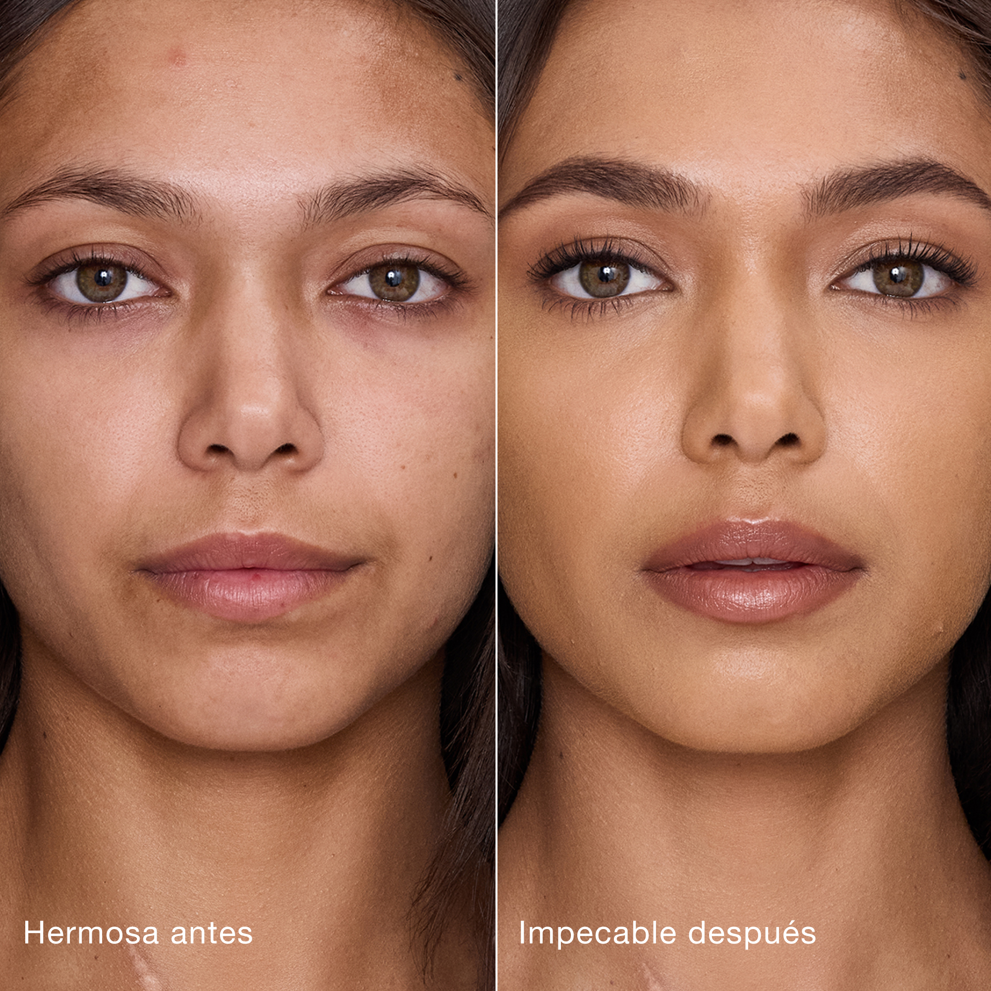 Comparación paralela que muestra la piel antes y después de aplicar el corrector Charlotte Tilbury Airbrush Flawless Concealer con las etiquetas de texto "Preciosa antes", "Impecable después".
