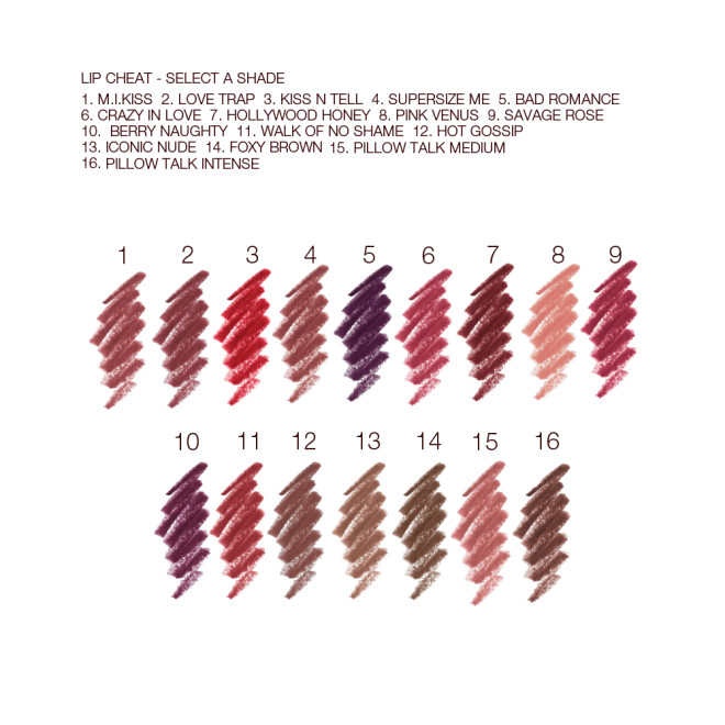 Swatches of sixteen lip liner pencils in shades of brown, purple, pink, peach, red, taupe, and brown.