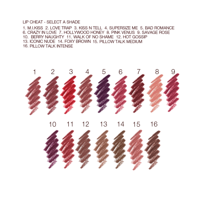 Swatches of sixteen lip liner pencils in shades of brown, purple, pink, peach, red, taupe, and brown.