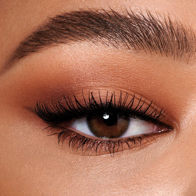 Single-eye close-up of a medium-tone model with brown eyes wearing a smokey dark brown, light brown, and gold eye look with black wing eyeliner.