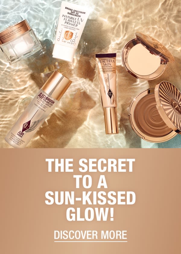 Banner with setting spay, face cream, highlighter wand, setting powder compact, and cream bronzer compact, with text on the banner that reads,'The secret to a sun-kissed glow! Discover more'