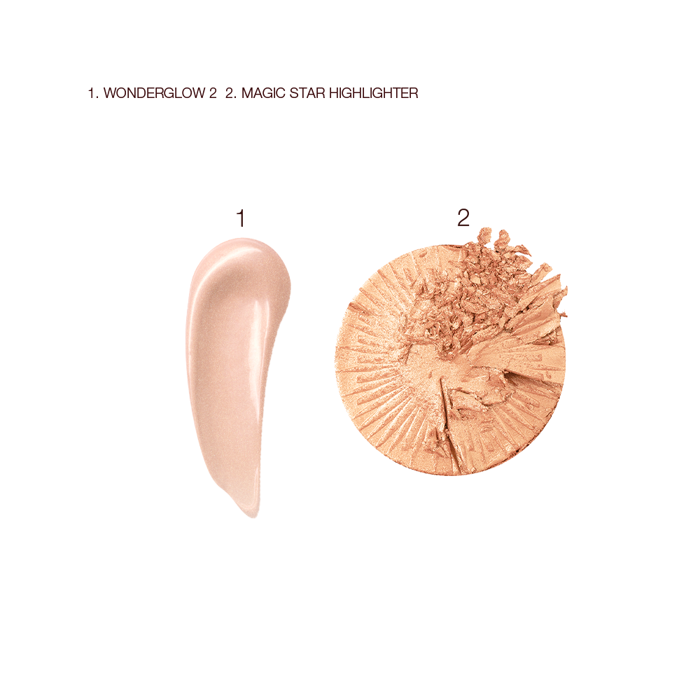 Swatches of a light fawn-coloured glowy primer and a powder highlighter in a warm golden colour. 