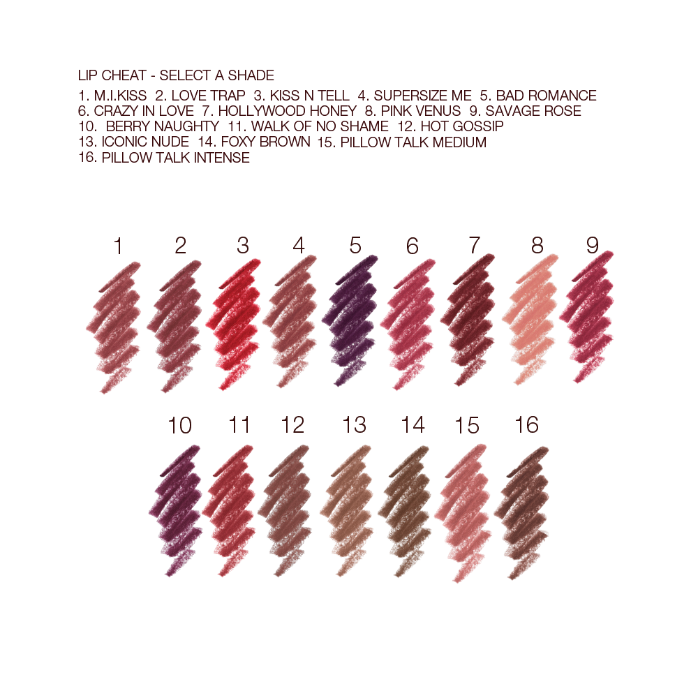 Swatches of sixteen lip liner pencils in shades of brown, purple, pink, peach, red, taupe, and brown.