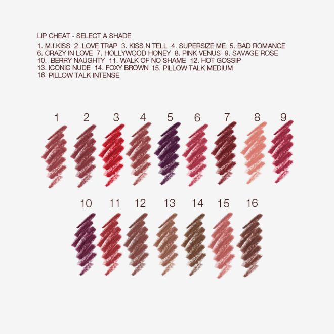 Lip Cheat collection swatches Swatches of sixteen lip liner pencils in shades of brown, purple, pink, peach, red, taupe, and brown.