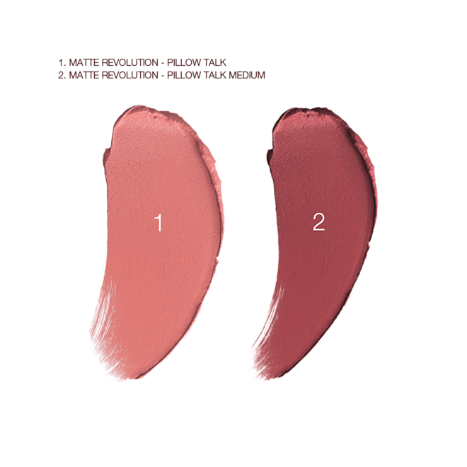 Matte Revolution Pillow Talk Duo swatches Swatches of two matte lipsticks in a nude-pink and a berry-rose shade.
