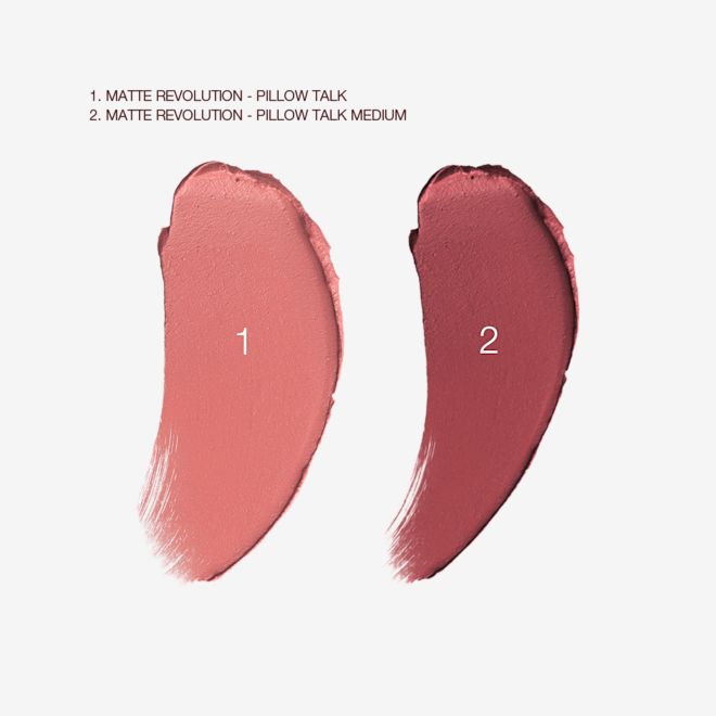 Matte Revolution Pillow Talk Duo swatches Swatches of two matte lipsticks in a nude-pink and a berry-rose shade.