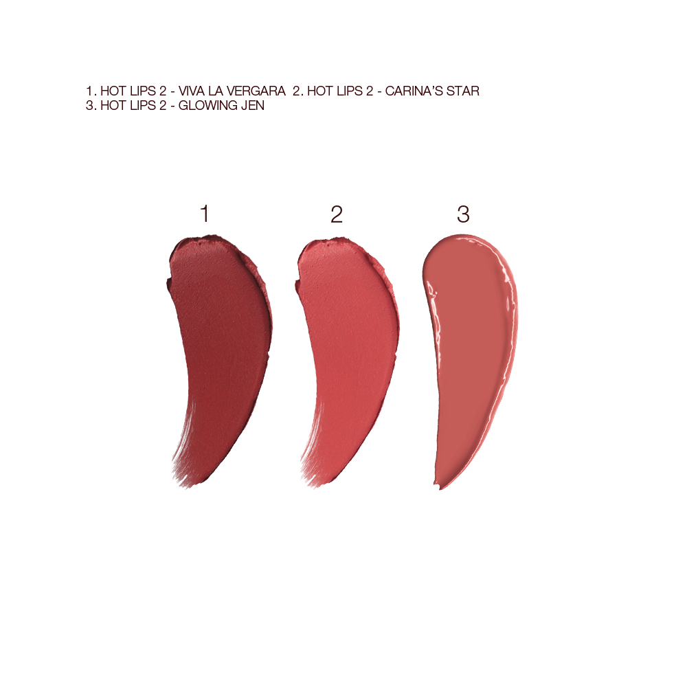Swatches of three lipsticks in maroon, muted red and brownish-peach colours. 