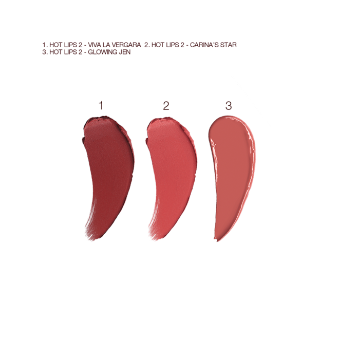 Hot Lips 2 Lucky Lip Kit swatches Swatches of three lipsticks in maroon, muted red and brownish-peach colours.