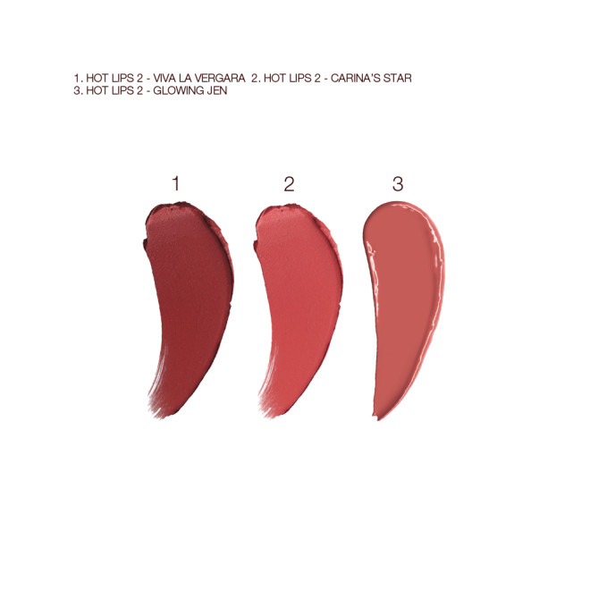 Swatches of three lipsticks in maroon, muted red and brownish-peach colours. 
