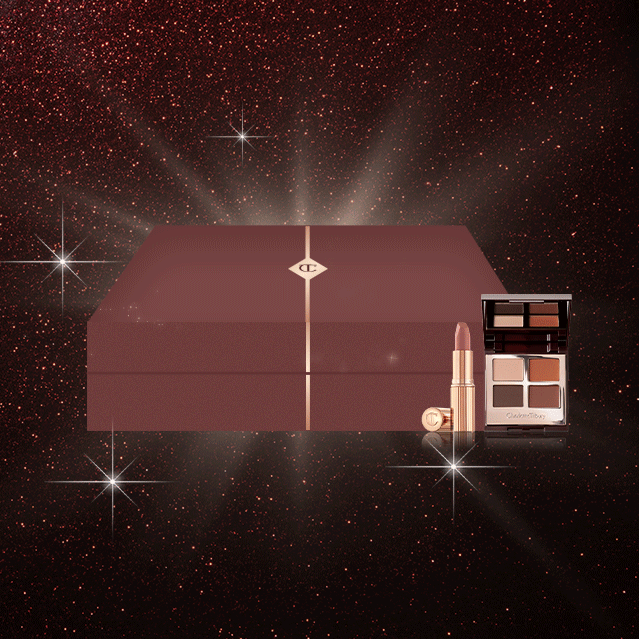 GIF of a dark crimson-coloured gift box with the CT logo printed on the middle of the box along with a nude brown lipstick and quad eyeshadow palette in shades of brown and beige.