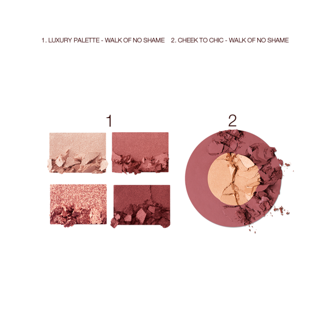 Swatches of a quad eyeshadow palette in shades of cranberry and gold with a matching two-tone blush compact.