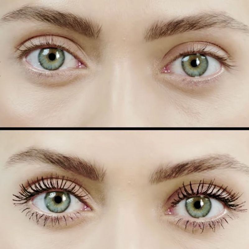 Before and after close-up of green eyes with volumising mascara that makes lashes prominent, darker, and longer.