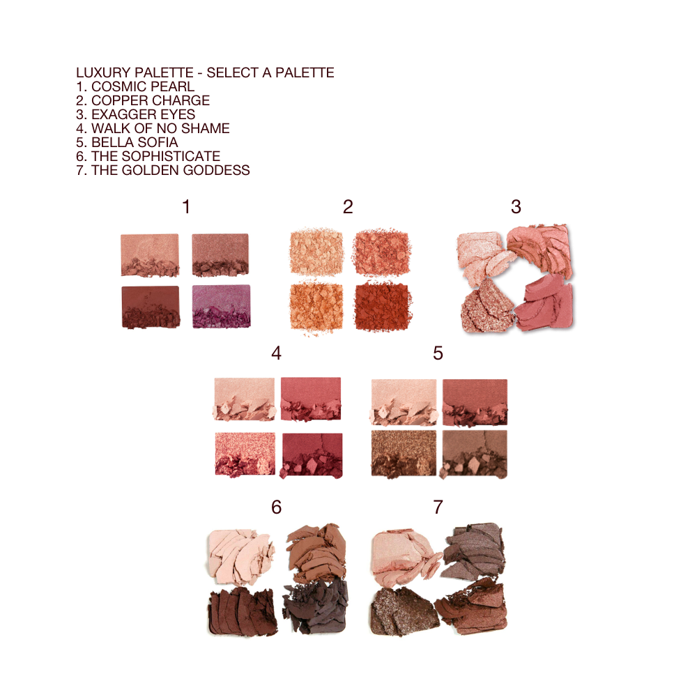 Swatches of seven, quad eyeshadow palettes with matte and shimmery shades of brown, beige, peach, gold, copper, pink, purple, red, grey, champagne, rose gold, and cream.