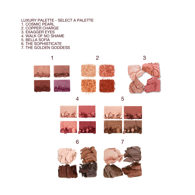 Swatches of seven, quad eyeshadow palettes with matte and shimmery shades of brown, beige, peach, gold, copper, pink, purple, red, grey, champagne, rose gold, and cream.