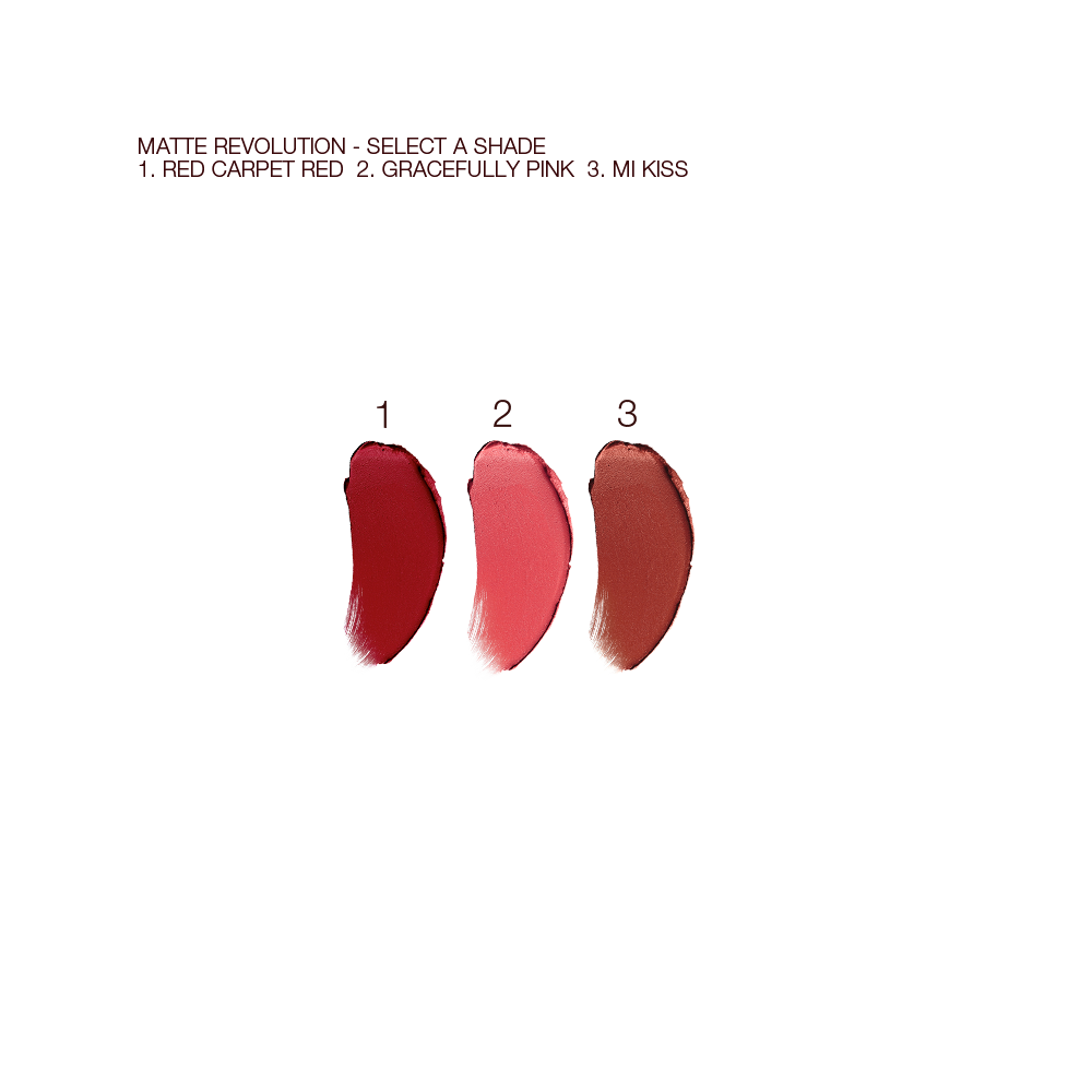 Swatches of three matte lipsticks in dark scarlet, medium-pink, and redwood colours. 