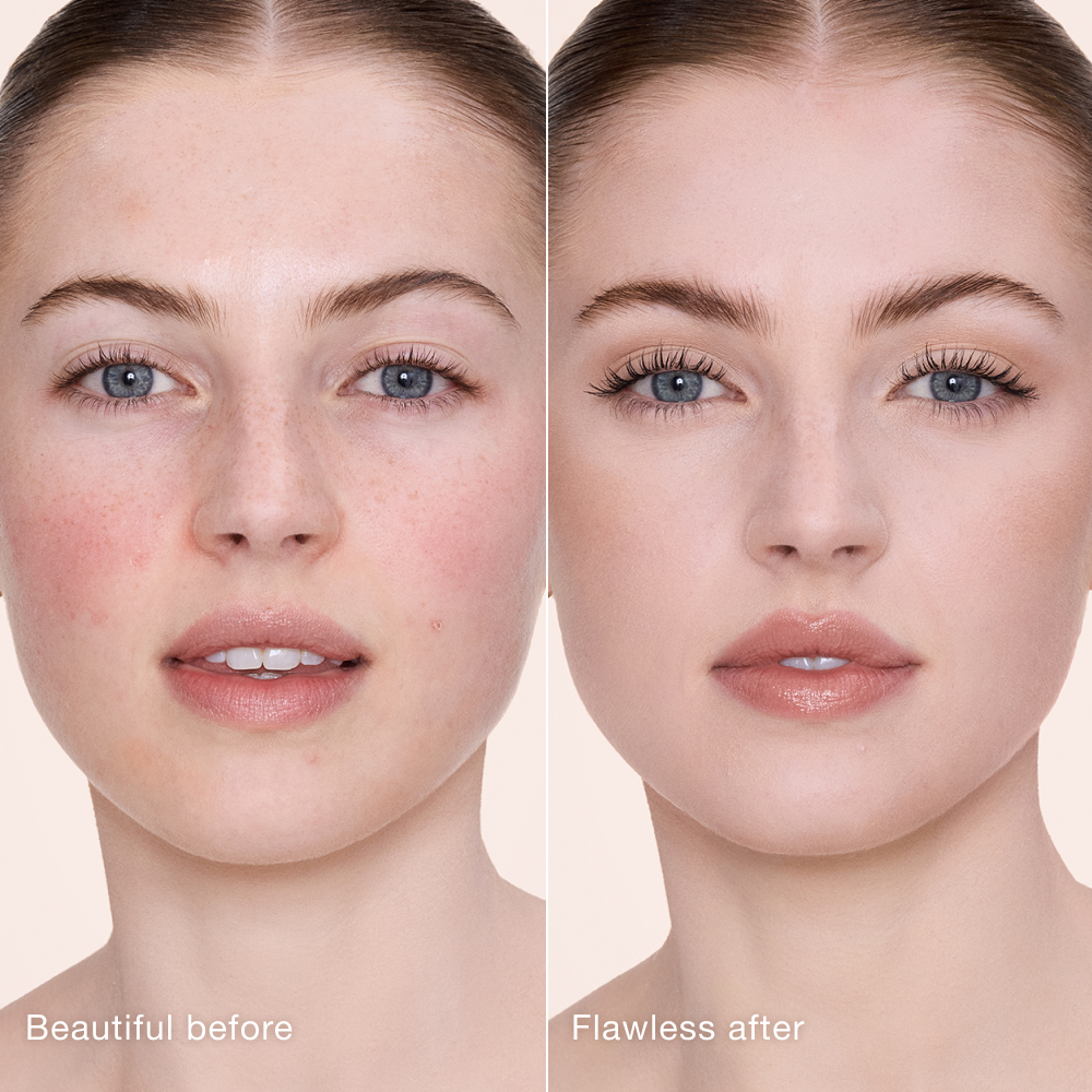 Side-by-side comparison showing skin before and after applying Charlotte Tilbury Airbrush Flawless Concealer, with text labels 'Beautiful before' and 'Flawless after'.