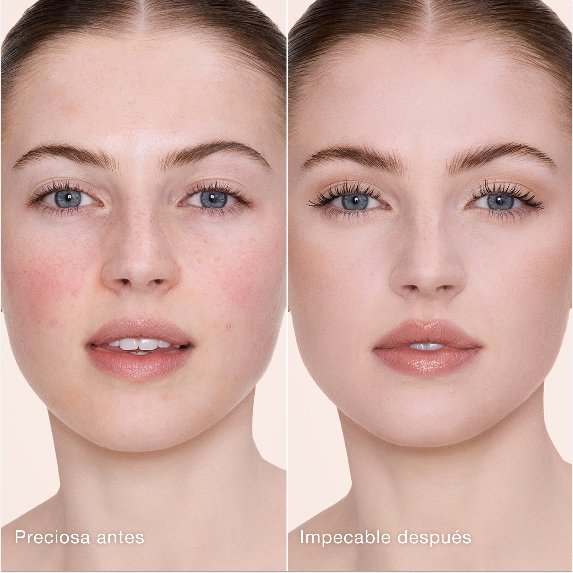 Comparación paralela que muestra la piel antes y después de aplicar el corrector Charlotte Tilbury Airbrush Flawless Concealer con las etiquetas de texto «Preciosa antes» y «Perfecta después».