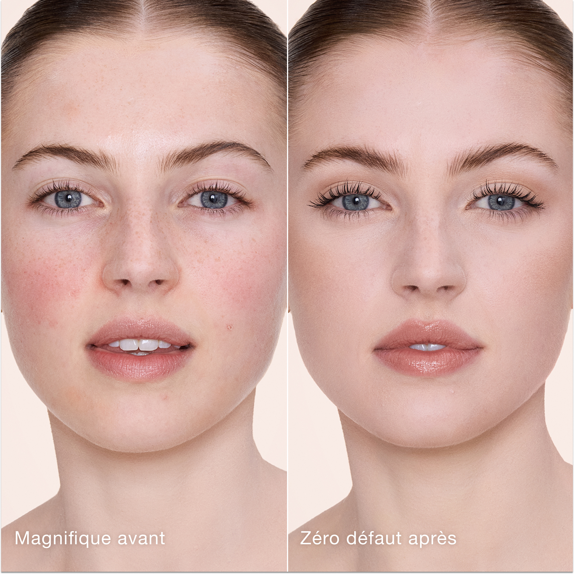 Comparaison côte à côte montrant la peau avant et après l'application de l'Airbrush Flawless Concealer de Charlotte Tilbury, avec les étiquettes de texte « Magnifique avant » et « Zéro défaut après ».