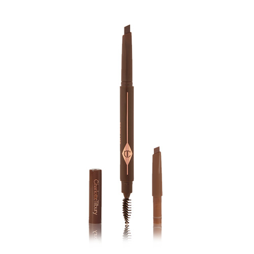 A double-ended eyebrow pencil and spoolie brush duo in a dark brown shade with dark-brown-coloured packaging and the refill besides it.