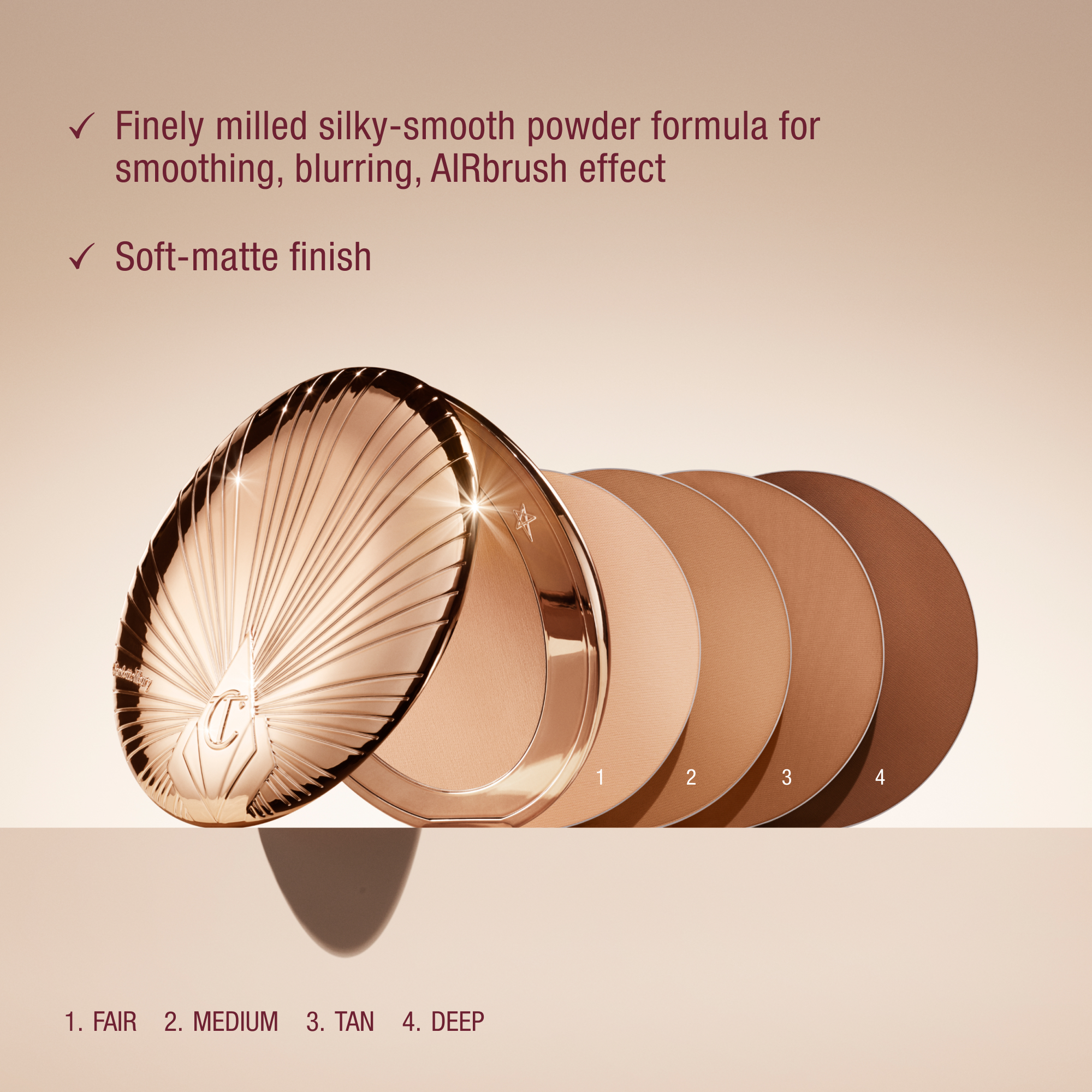 Charlotte Tilbury Airbrush Flawless Bronzer shade range showing four compact powders labeled Fair, Medium, Tan, and Deep. Text highlights the silky-smooth formula with a soft-matte finish and airbrush effect.