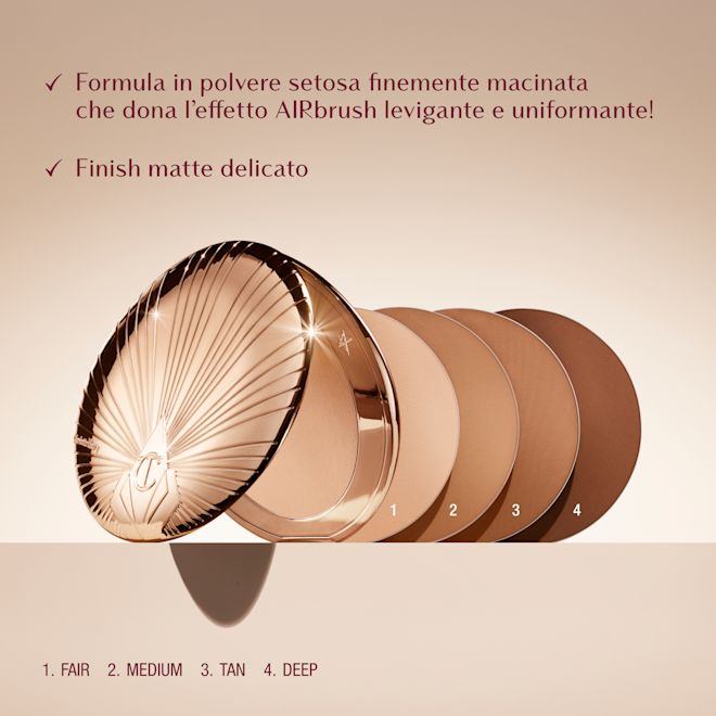 Airbrush Flawless Bronzer Shade Range Infographic Charlotte Tilbury Airbrush Flawless Bronzer shade range showing four compact powders labeled Fair, Medium, Tan, and Deep. Text highlights the silky-smooth formula with a soft-matte finish and airbrush effect.