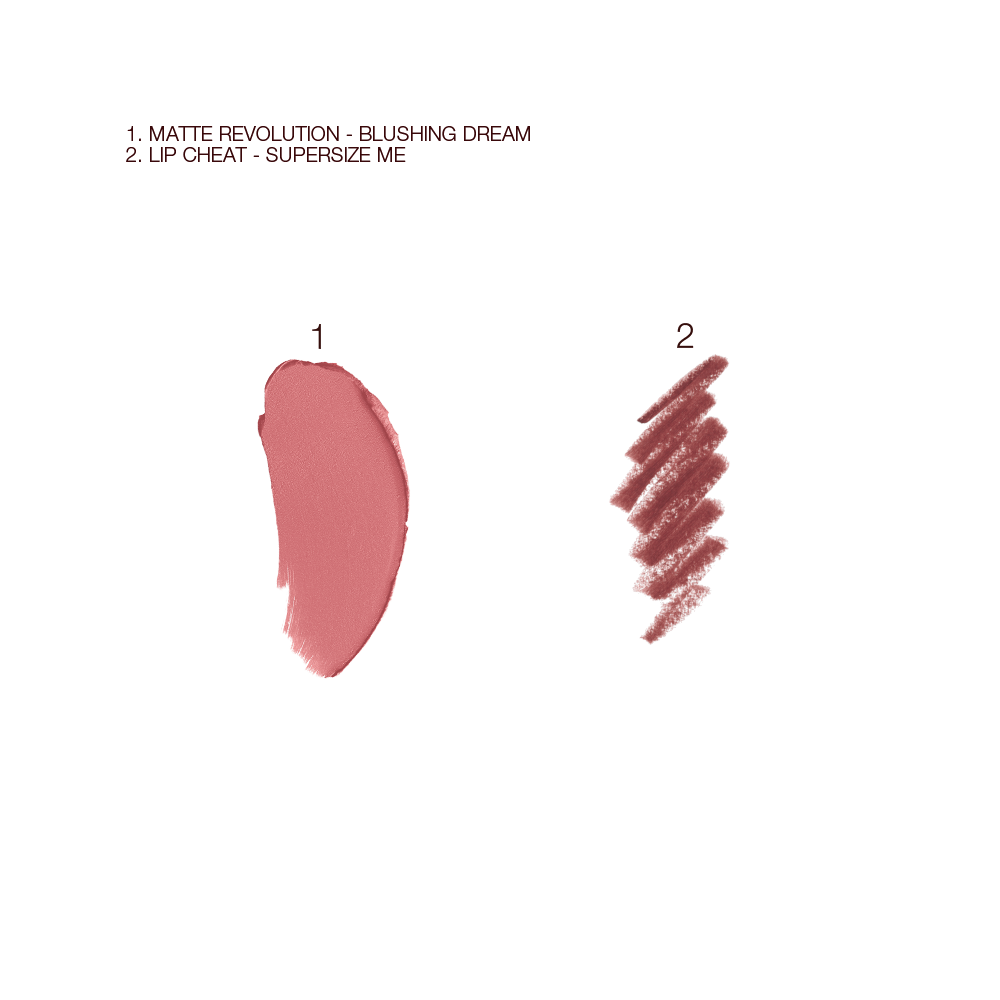 Swatches of a lipstick in coral rosebud shade and lip liner pencil in a purplish red colour.