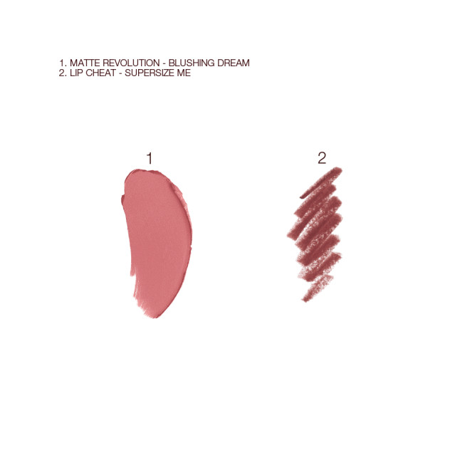 Swatches of a lipstick in coral rosebud shade and lip liner pencil in a purplish red colour.