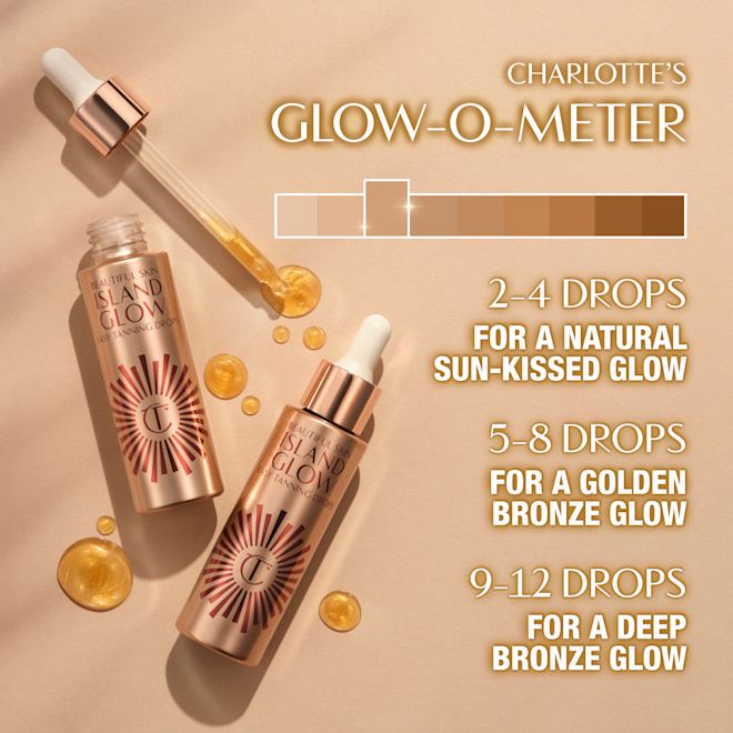 US Glow Drops Competitor Comparison Infographic 2000x2000 Charlotte's Glow-O-Meter. Use 2-4 drops for a natural glow, 5-8 drops for a golden bronze glow and 9-12 drops for a deep bronze glow.