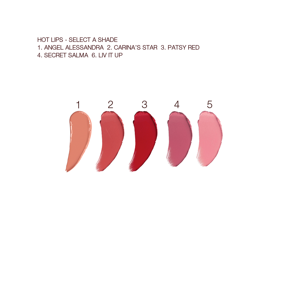Swatches of five matte and satin-finish lipsticks in nude peach, soft red, bold red, pinkish mauve, and tea pink colours. 
