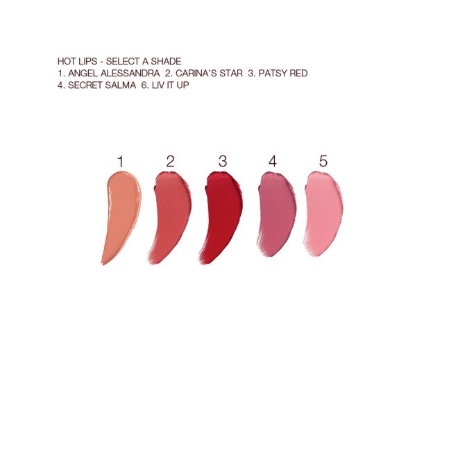 Swatches of five matte and satin-finish lipsticks in nude peach, soft red, bold red, pinkish mauve, and tea pink colours. 