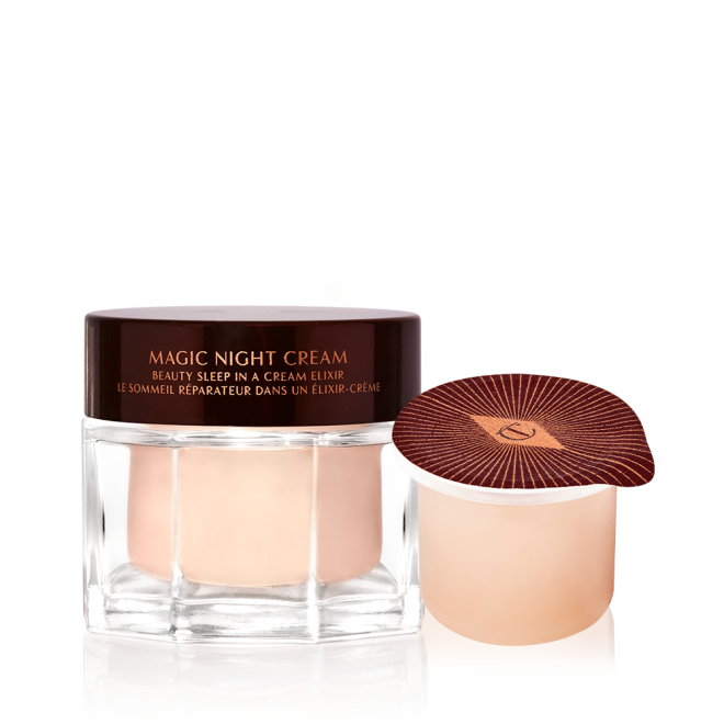 Peach-coloured, thick and luscious night cream in a glass jar with a gold-coloured lid along with its refill in a petite pot with an easy-to-peel-off cover. 