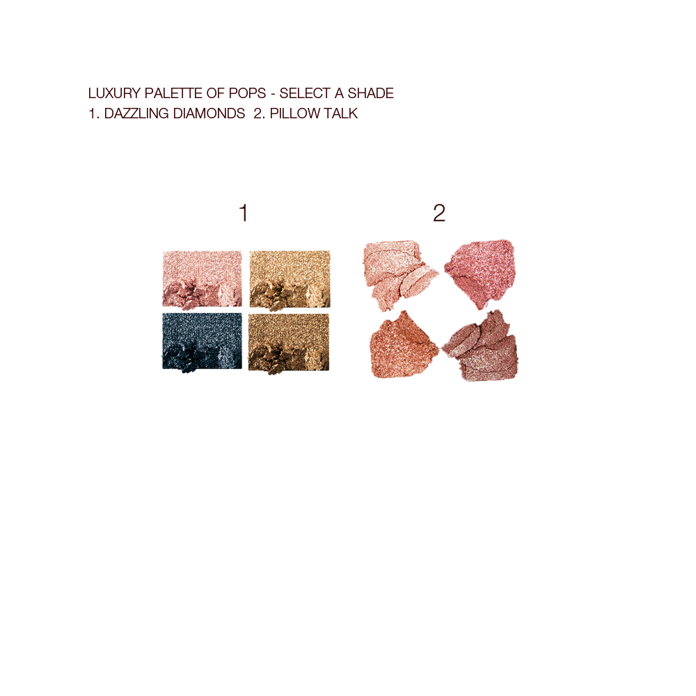 Swatches of two, quad eyeshadow palettes with shimmery eyeshadows in shades of rose gold, olive green, teal, and dark brown in one palette and rose gold, medium pink, copper, and medium brown in the other palette. 