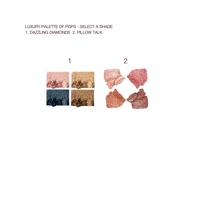 Swatches of two, quad eyeshadow palettes with shimmery eyeshadows in shades of rose gold, olive green, teal, and dark brown in one palette and rose gold, medium pink, copper, and medium brown in the other palette. 