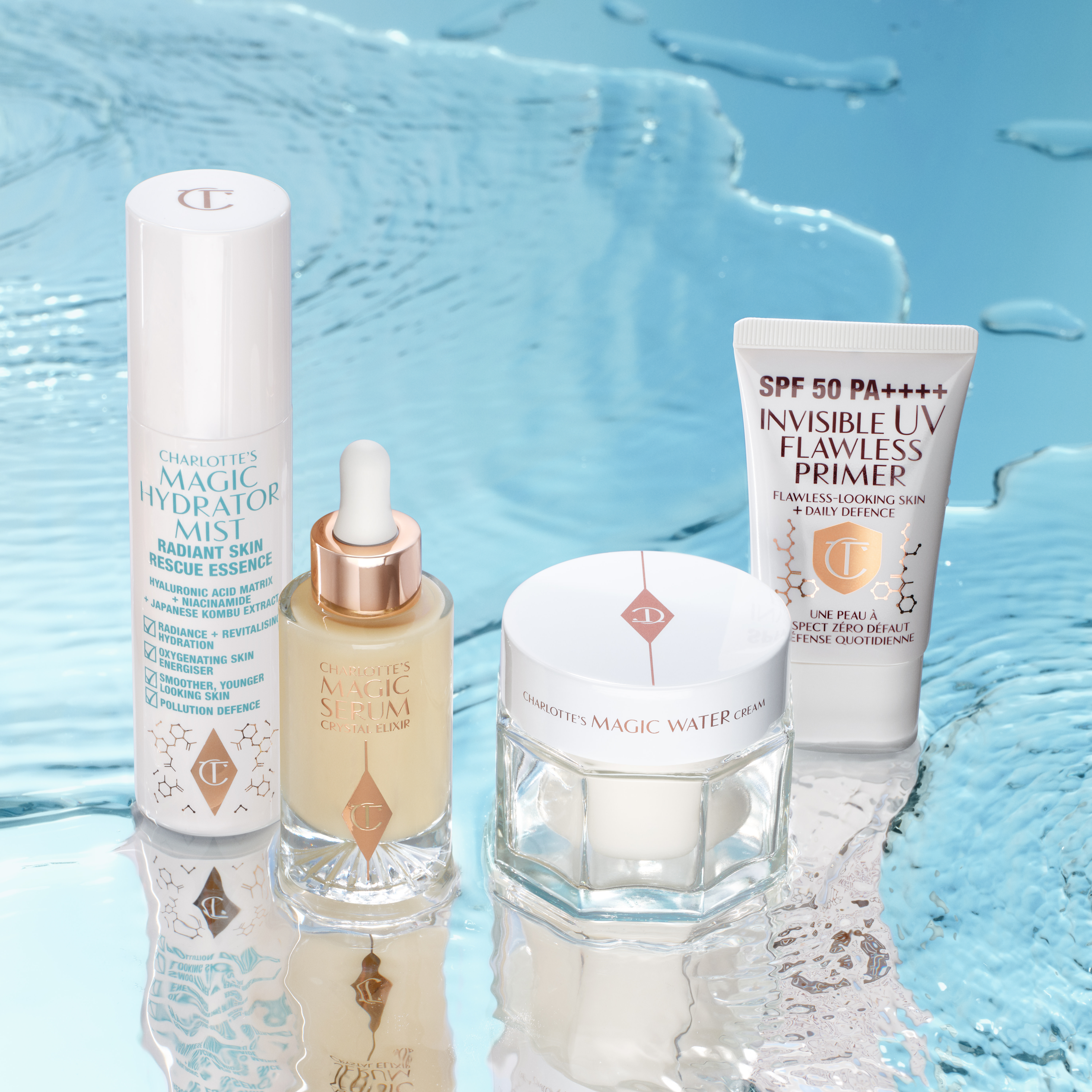 Charlotte Tilbury skiing skincare essentials including Magic Water Cream gel moisturiser