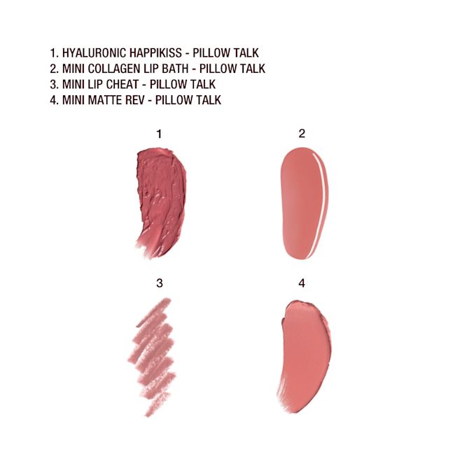 Pillow Talk Lip Wardrobe swatches Swatches of a lipstick balm in nude pink, high-shine finish lip gloss in nude pink, matte lipstick in nude pink, and lip line pencil in nude pink.