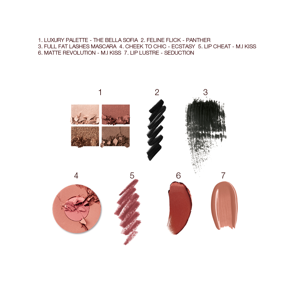 Swatches of a quad eyeshadow palette in matte and shimmery nude brown shades, black eyeliner and mascara, two-tone blush in golden peach and warm pink, lip liner in wine, lipstick in redwood, and lip gloss in brownish peach. 